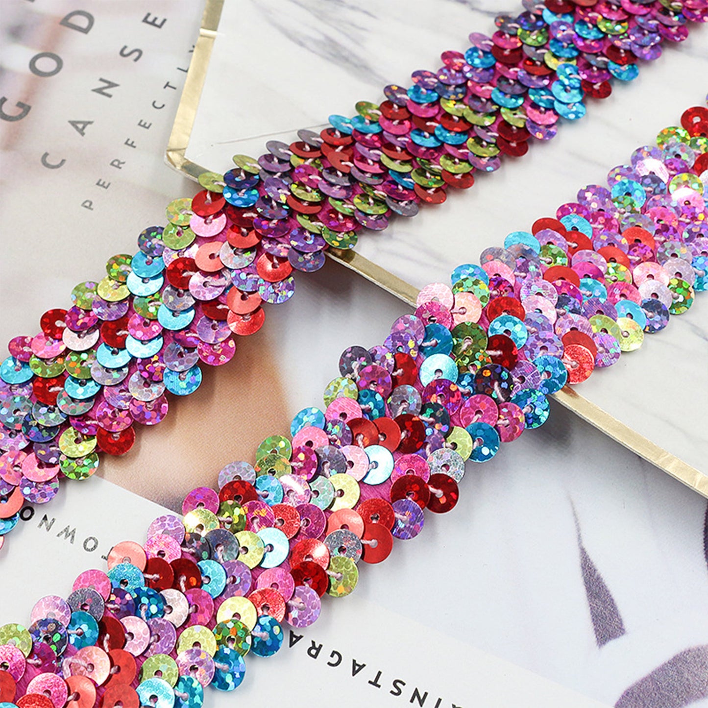 Elastic Sequin Trim, 1.2 Inch 3 Row Multicolored Flat Glitter Paillette Sequin Ribbon, Metallic Stretch Sequin Strip Sewing DIY Craft, 4 Yards