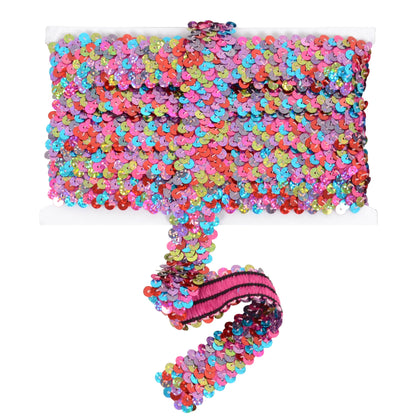 Elastic Sequin Trim, 1.2 Inch 3 Row Multicolored Flat Glitter Paillette Sequin Ribbon, Metallic Stretch Sequin Strip Sewing DIY Craft, 4 Yards