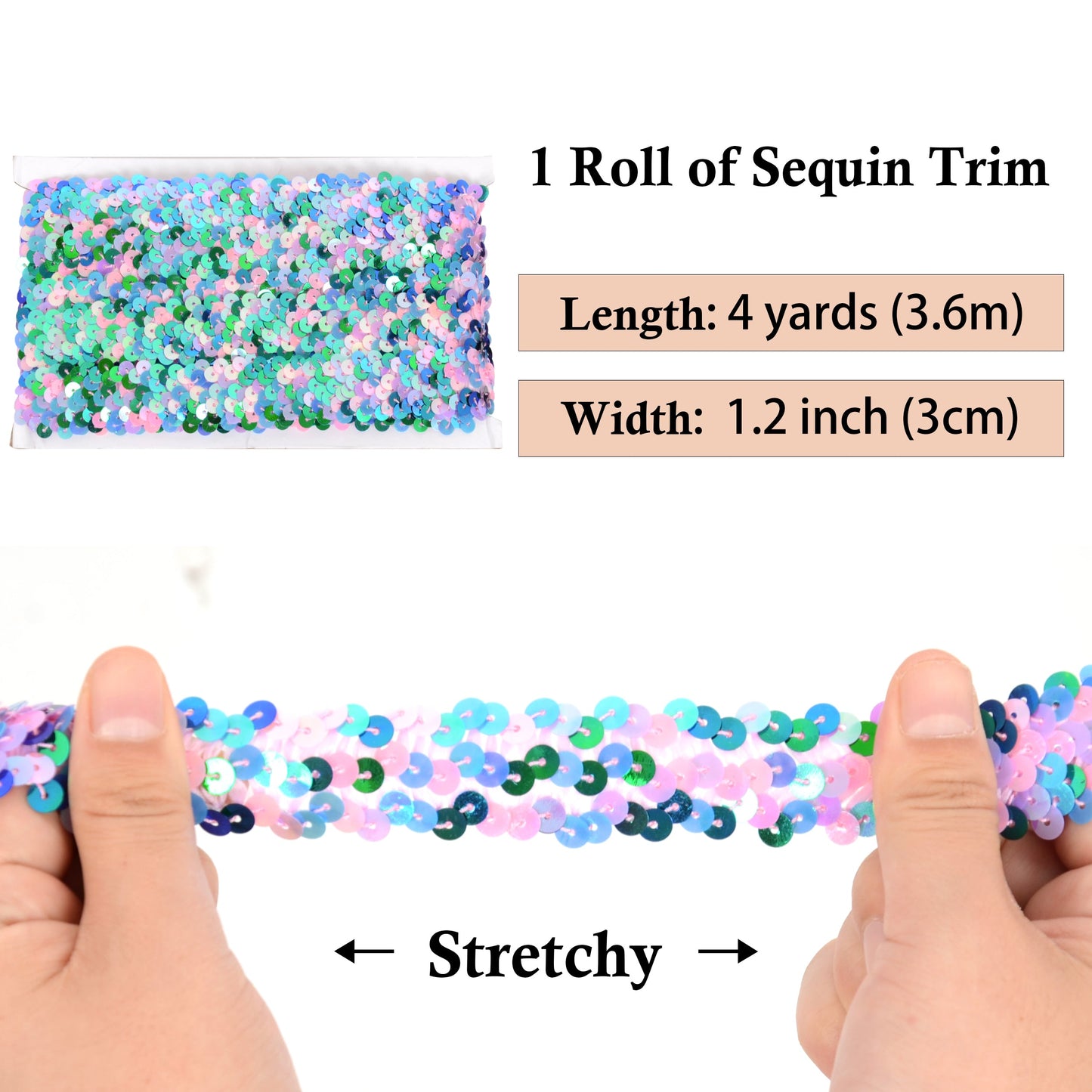 Elastic Sequin Trim, 1.2 Inch 3 Row Multicolored Flat Glitter Paillette Sequin Ribbon, Metallic Stretch Sequin Strip Sewing DIY Craft, 4 Yards