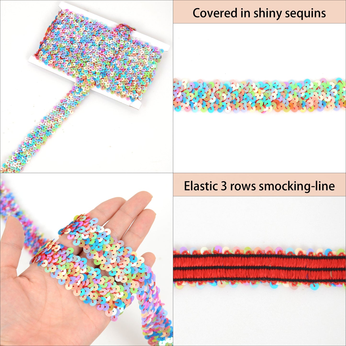 Elastic Sequin Trim, 1.2 Inch 3 Row Multicolored Flat Glitter Paillette Sequin Ribbon, Metallic Stretch Sequin Strip Sewing DIY Craft, 4 Yards