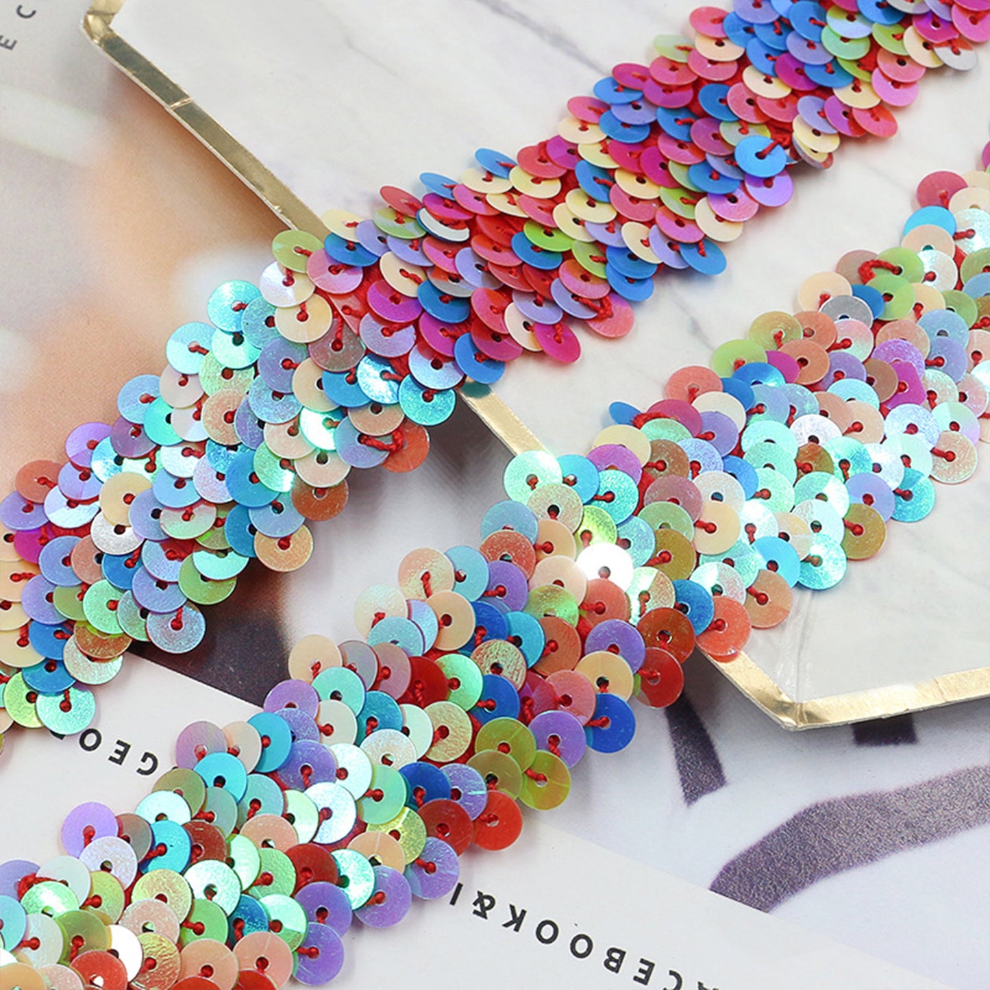 Elastic Sequin Trim, 1.2 Inch 3 Row Multicolored Flat Glitter Paillette Sequin Ribbon, Metallic Stretch Sequin Strip Sewing DIY Craft, 4 Yards