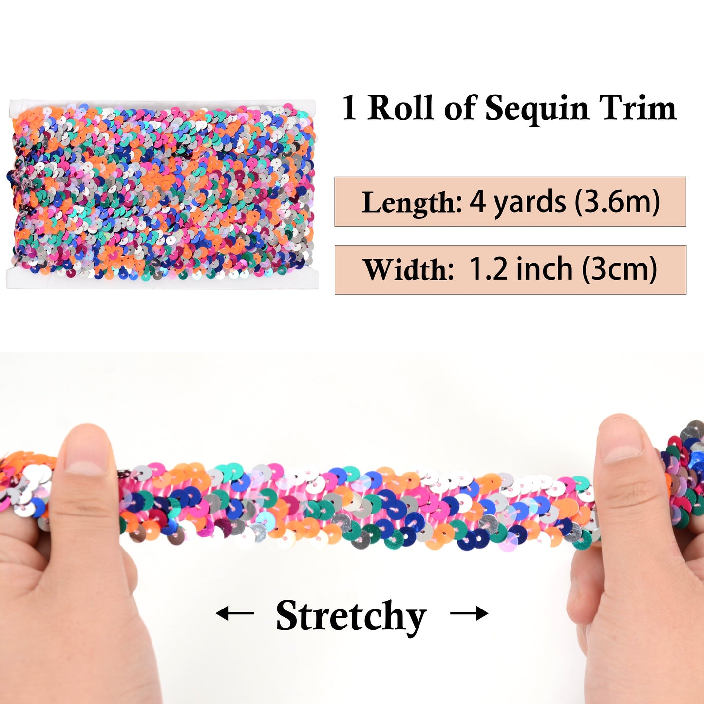 Elastic Sequin Trim, 1.2 Inch 3 Row Multicolored Flat Glitter Paillette Sequin Ribbon, Metallic Stretch Sequin Strip Sewing DIY Craft, 4 Yards