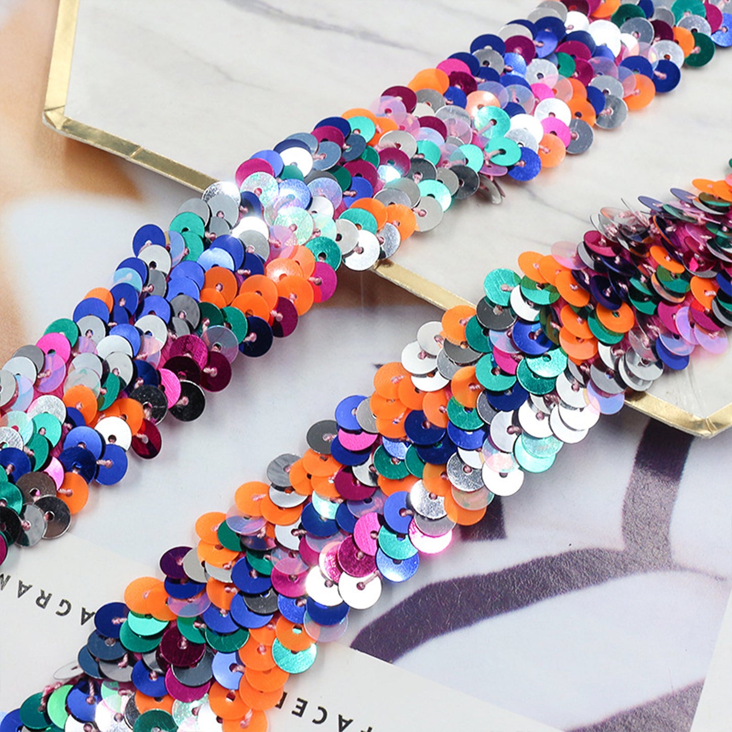 Elastic Sequin Trim, 1.2 Inch 3 Row Multicolored Flat Glitter Paillette Sequin Ribbon, Metallic Stretch Sequin Strip Sewing DIY Craft, 4 Yards