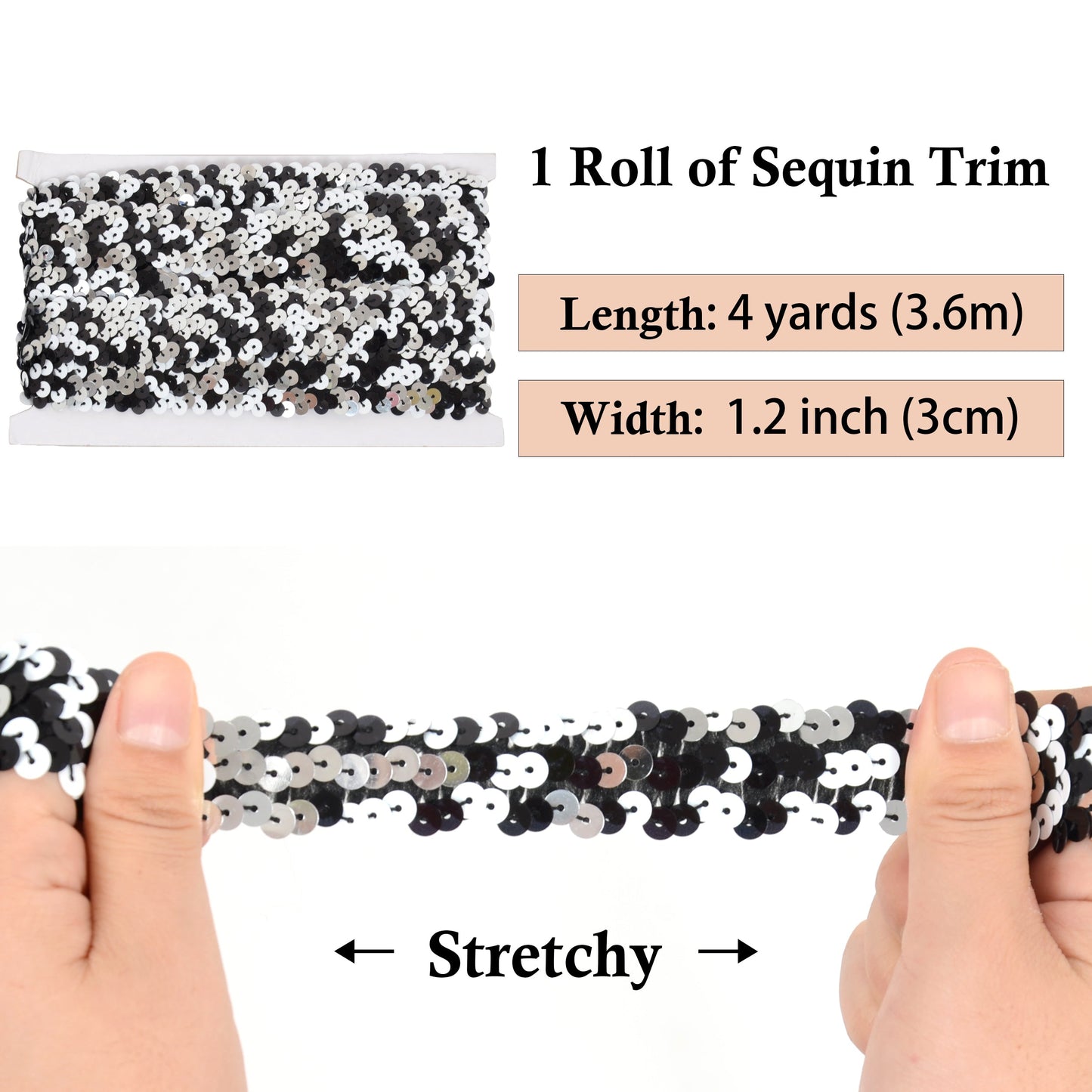 Elastic Sequin Trim, 1.2 Inch 3 Row Multicolored Flat Glitter Paillette Sequin Ribbon, Metallic Stretch Sequin Strip Sewing DIY Craft, 4 Yards