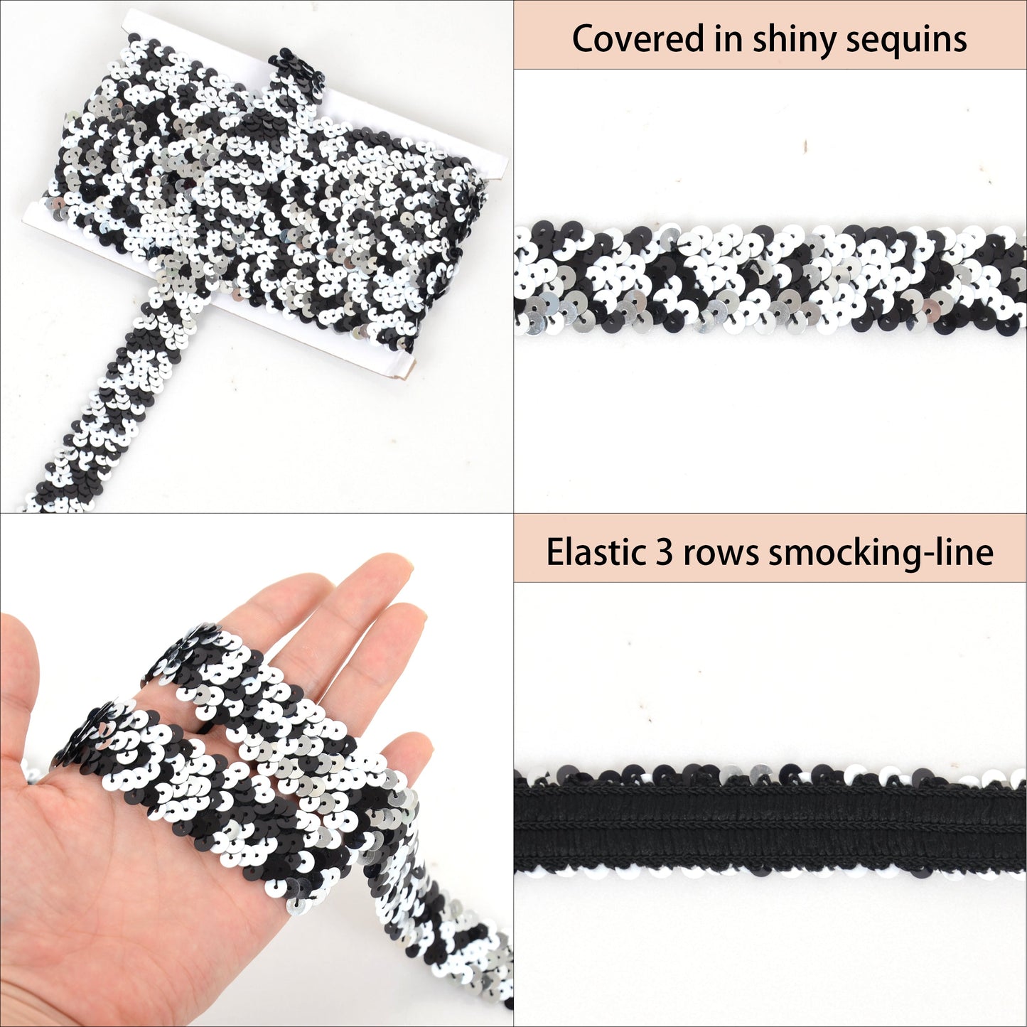 Elastic Sequin Trim, 1.2 Inch 3 Row Multicolored Flat Glitter Paillette Sequin Ribbon, Metallic Stretch Sequin Strip Sewing DIY Craft, 4 Yards