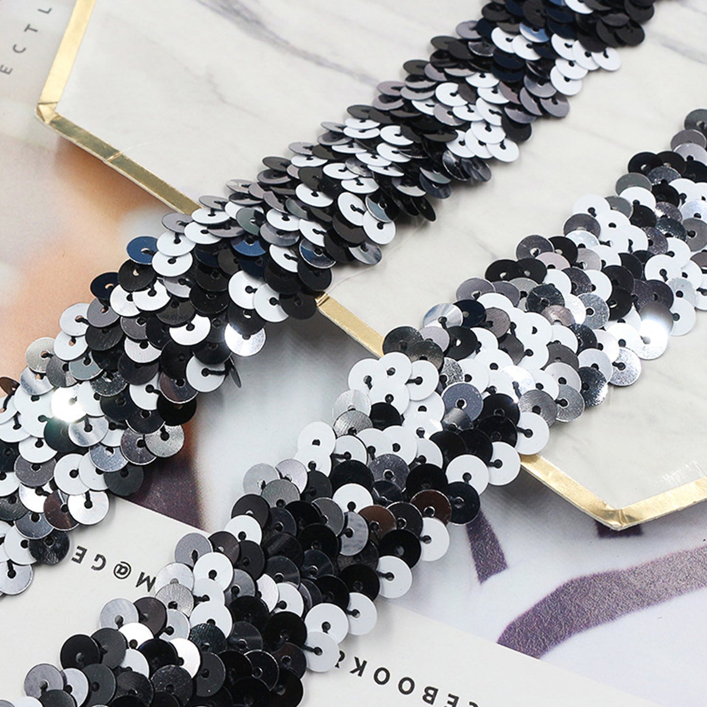 Elastic Sequin Trim, 1.2 Inch 3 Row Multicolored Flat Glitter Paillette Sequin Ribbon, Metallic Stretch Sequin Strip Sewing DIY Craft, 4 Yards