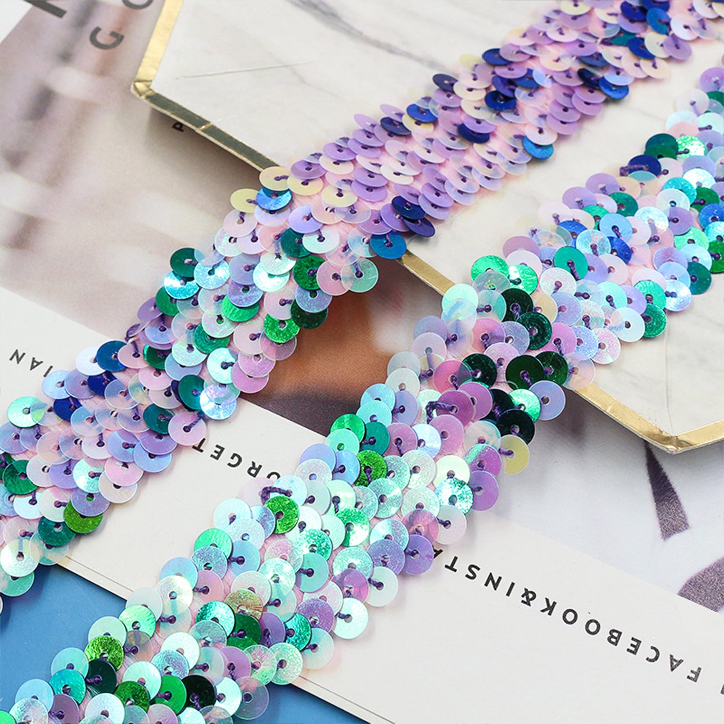 Elastic Sequin Trim, 1.2 Inch 3 Row Multicolored Flat Glitter Paillette Sequin Ribbon, Metallic Stretch Sequin Strip Sewing DIY Craft, 4 Yards