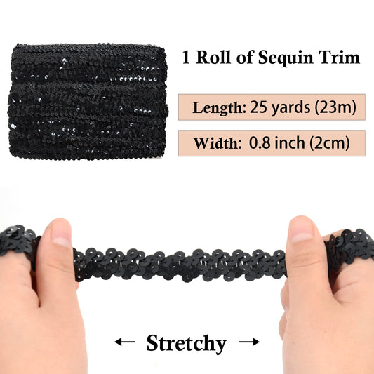 Elastic Sequin Trim, 0.8 Inch 2 Row Flat Glitter Paillette Sequin Ribbon, Metallic Sequin Strip DIY Decorations, 25 Yards