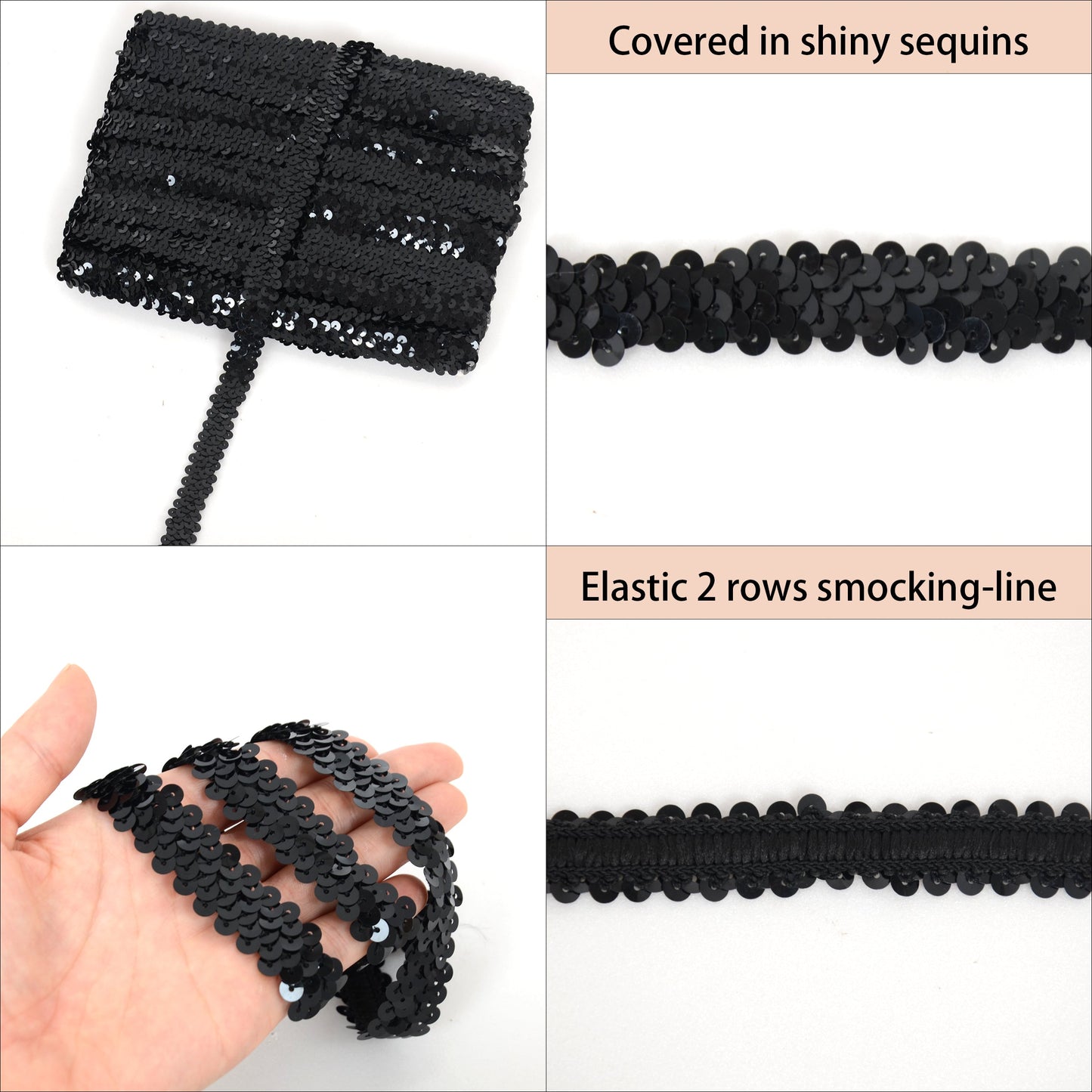 Elastic Sequin Trim, 0.8 Inch 2 Row Flat Glitter Paillette Sequin Ribbon, Metallic Sequin Strip DIY Decorations, 25 Yards