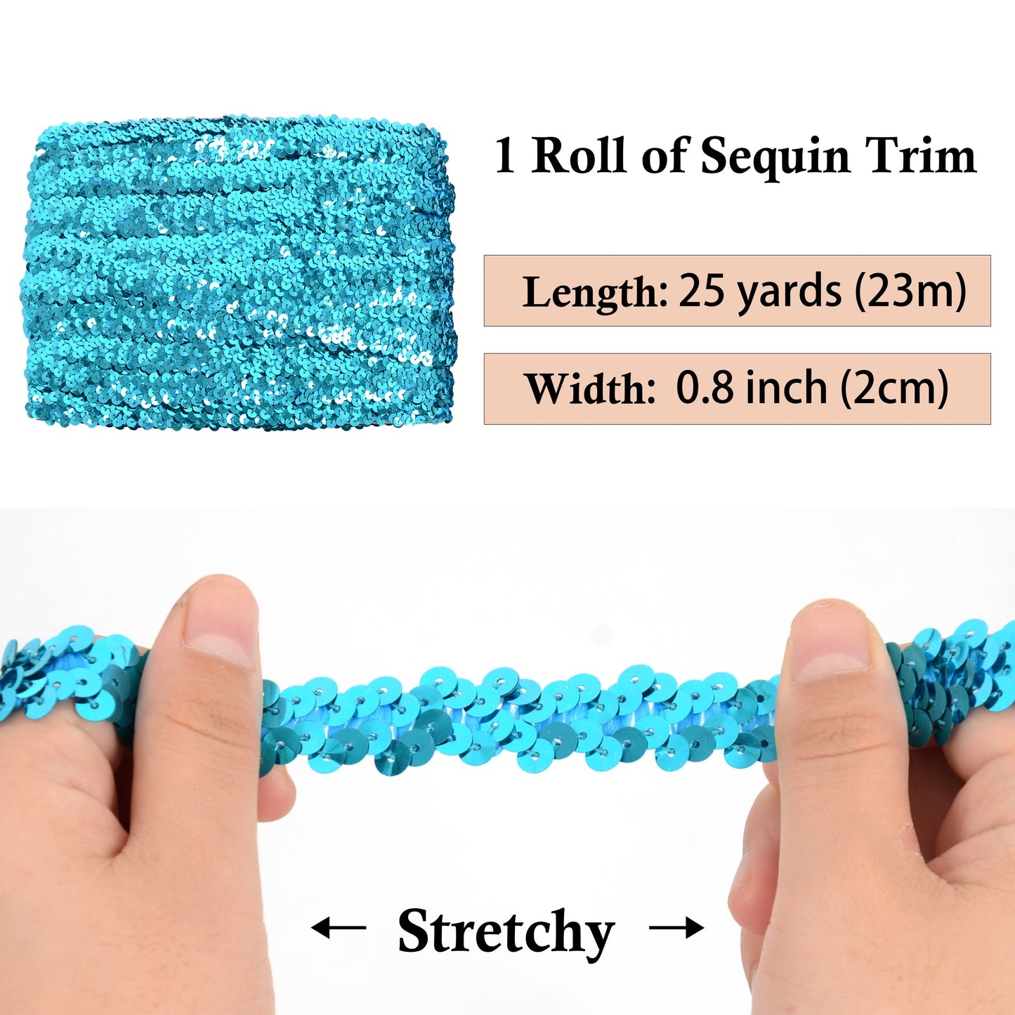 Elastic Sequin Trim, 0.8 Inch 2 Row Flat Glitter Paillette Sequin Ribbon, Metallic Sequin Strip DIY Decorations, 25 Yards