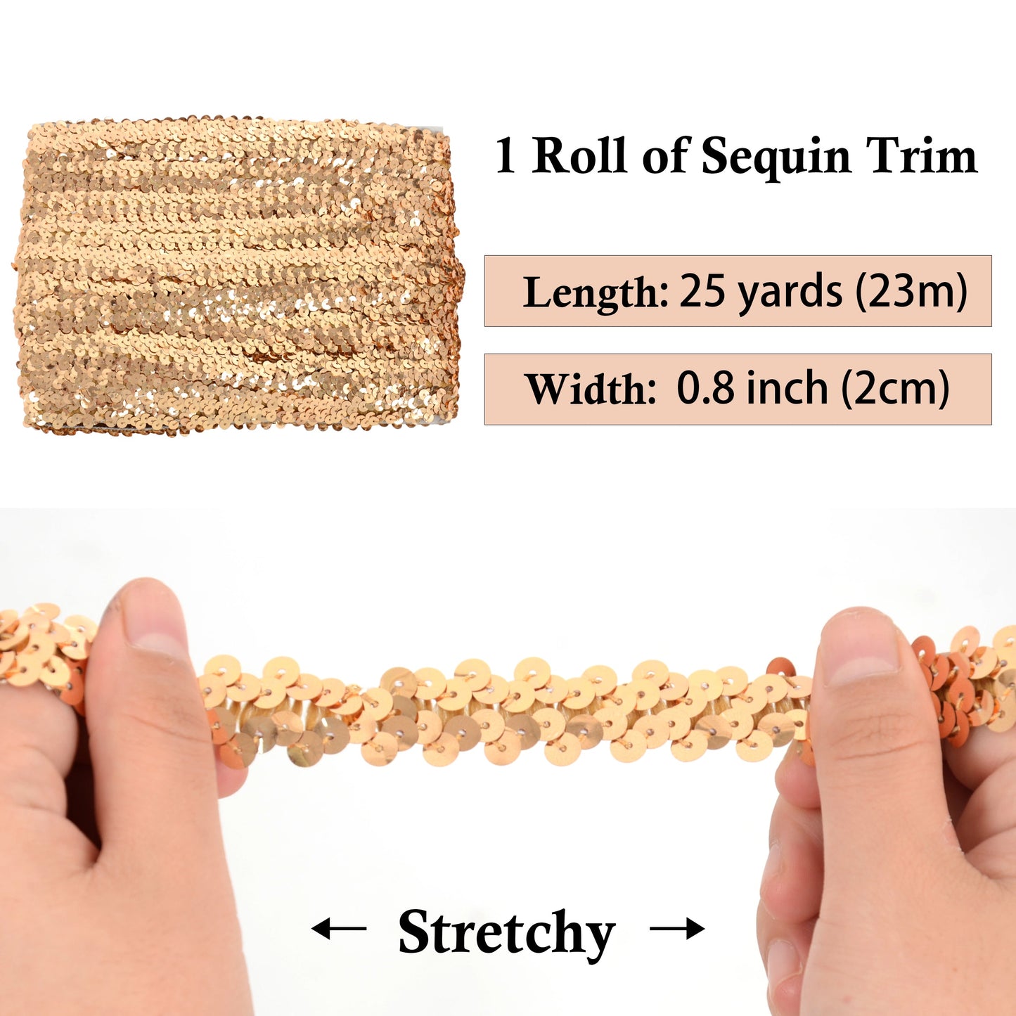 Elastic Sequin Trim, 0.8 Inch 2 Row Flat Glitter Paillette Sequin Ribbon, Metallic Sequin Strip DIY Decorations, 25 Yards