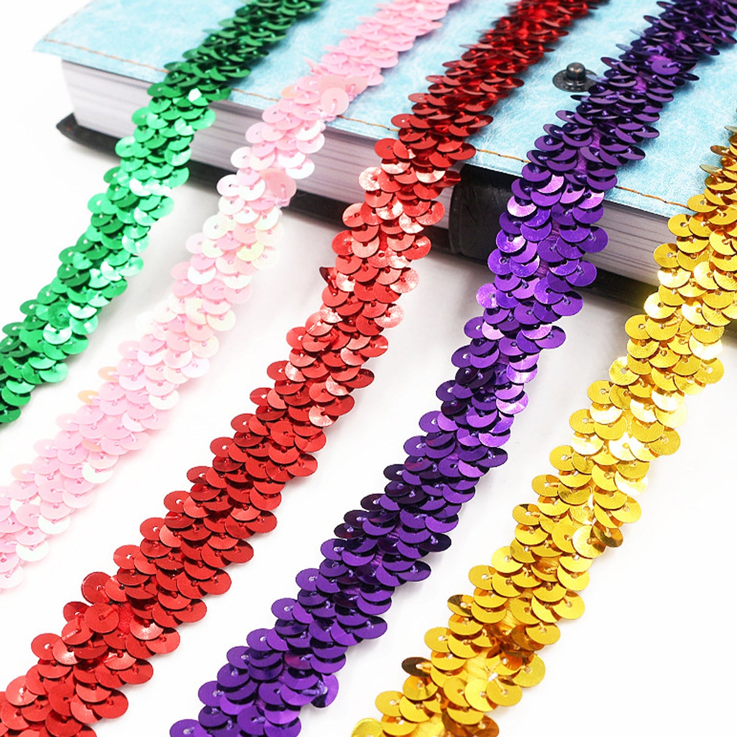Elastic Sequin Trim, 0.8 Inch 2 Row Flat Glitter Paillette Sequin Ribbon, Metallic Sequin Strip DIY Decorations, 25 Yards
