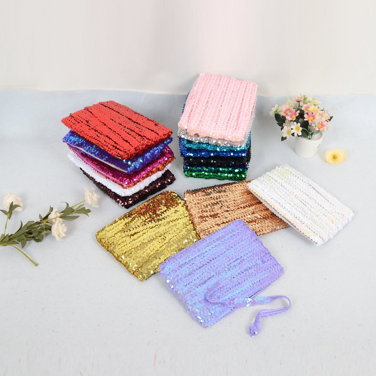 Elastic Sequin Trim, 0.8 Inch 2 Row Flat Glitter Paillette Sequin Ribbon, Metallic Sequin Strip DIY Decorations, 25 Yards