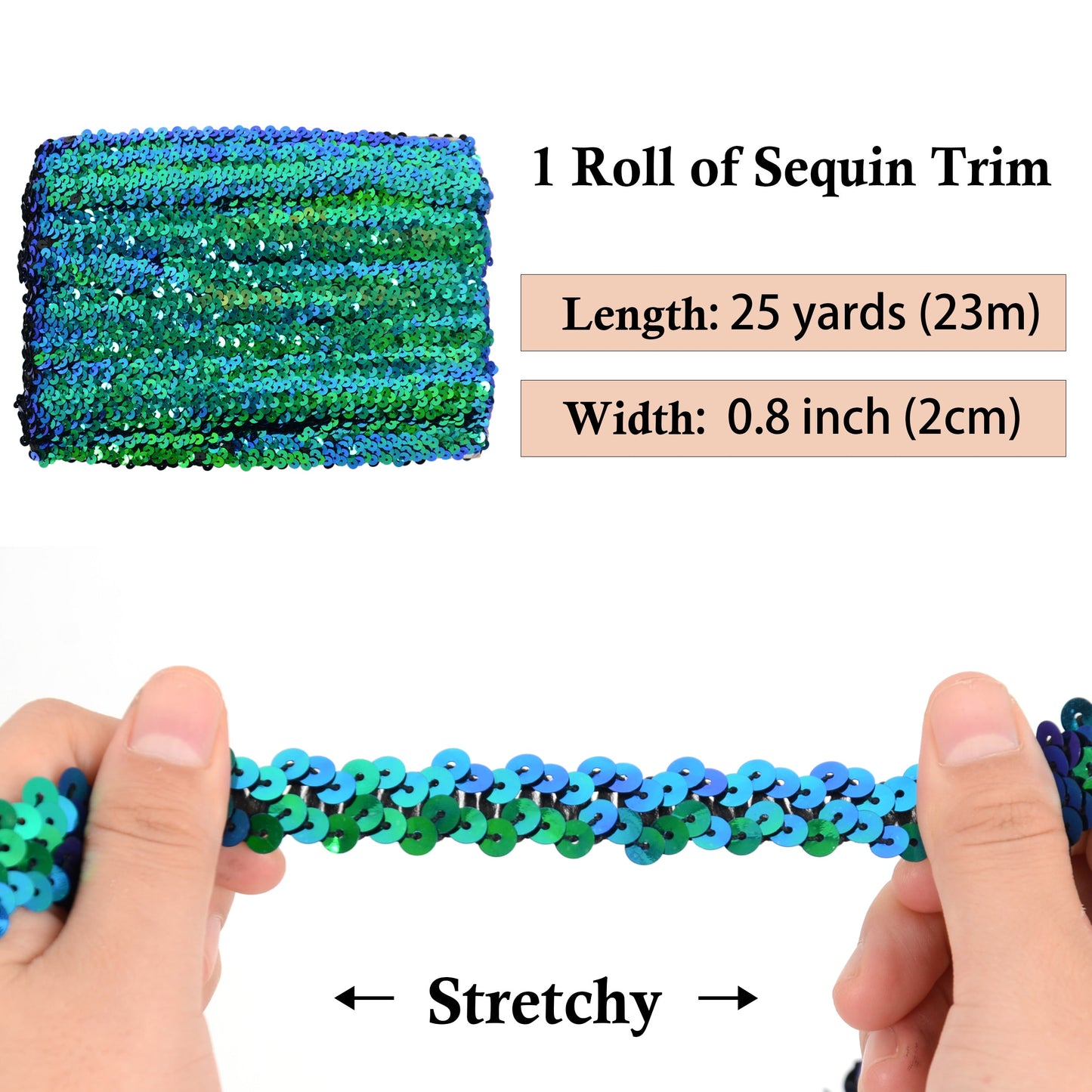 Elastic Sequin Trim, 0.8 Inch 2 Row Flat Glitter Paillette Sequin Ribbon, Metallic Sequin Strip DIY Decorations, 25 Yards