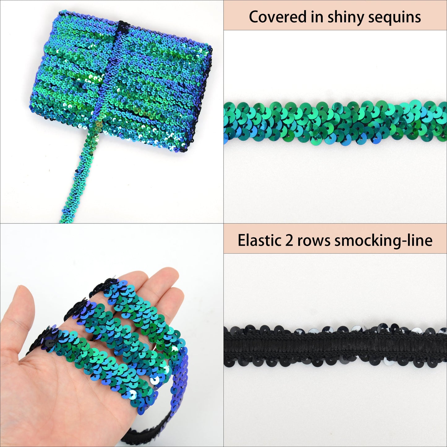 Elastic Sequin Trim, 0.8 Inch 2 Row Flat Glitter Paillette Sequin Ribbon, Metallic Sequin Strip DIY Decorations, 25 Yards