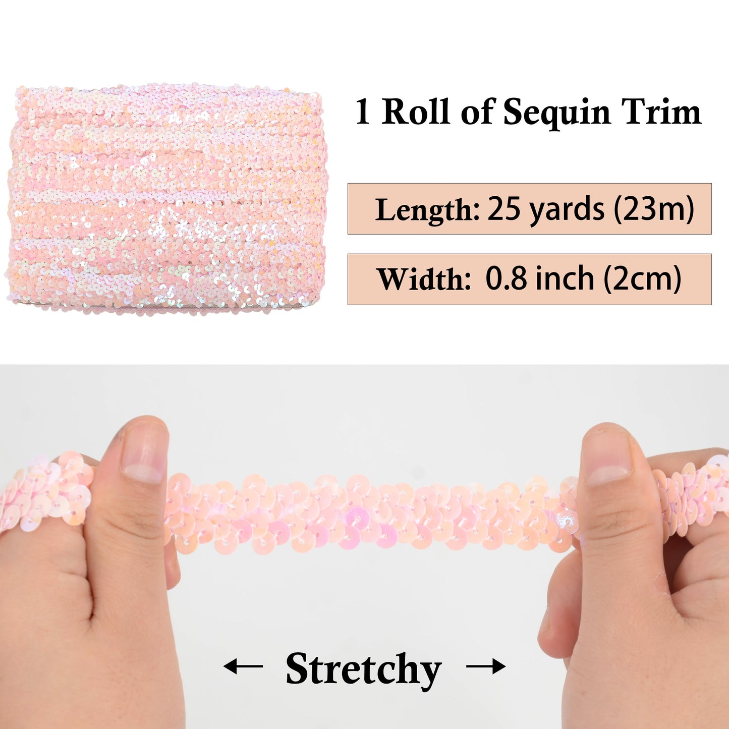Elastic Sequin Trim, 0.8 Inch 2 Row Flat Glitter Paillette Sequin Ribbon, Metallic Sequin Strip DIY Decorations, 25 Yards