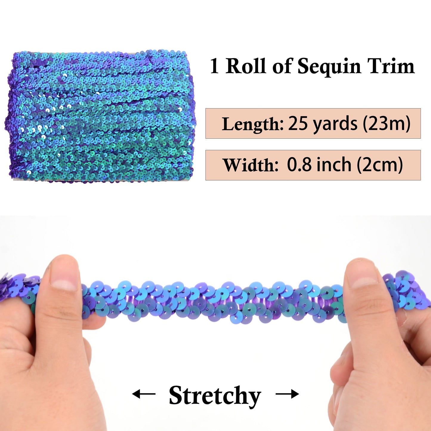 Elastic Sequin Trim, 0.8 Inch 2 Row Flat Glitter Paillette Sequin Ribbon, Metallic Sequin Strip DIY Decorations, 25 Yards