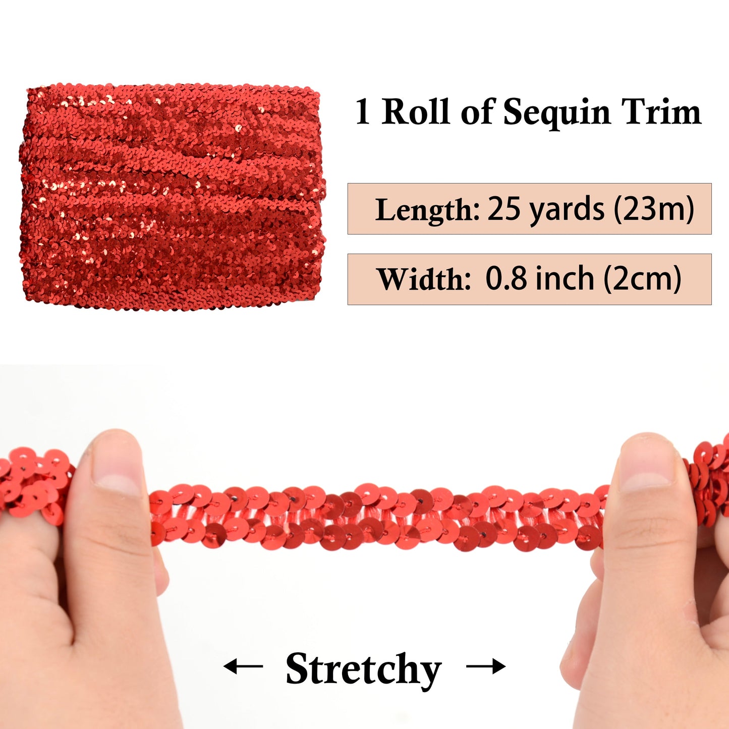 Elastic Sequin Trim, 0.8 Inch 2 Row Flat Glitter Paillette Sequin Ribbon, Metallic Sequin Strip DIY Decorations, 25 Yards