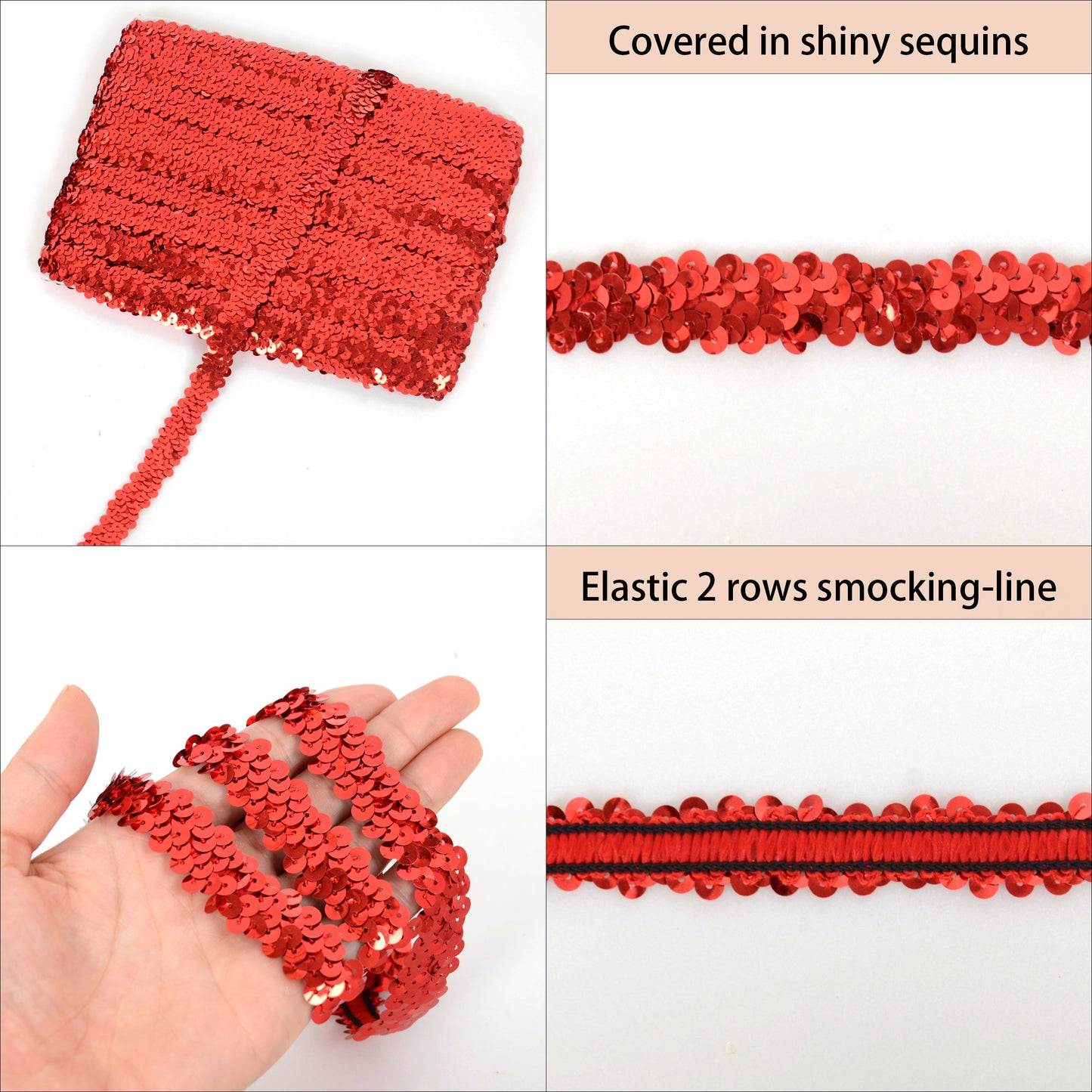 Elastic Sequin Trim, 0.8 Inch 2 Row Flat Glitter Paillette Sequin Ribbon, Metallic Sequin Strip DIY Decorations, 25 Yards