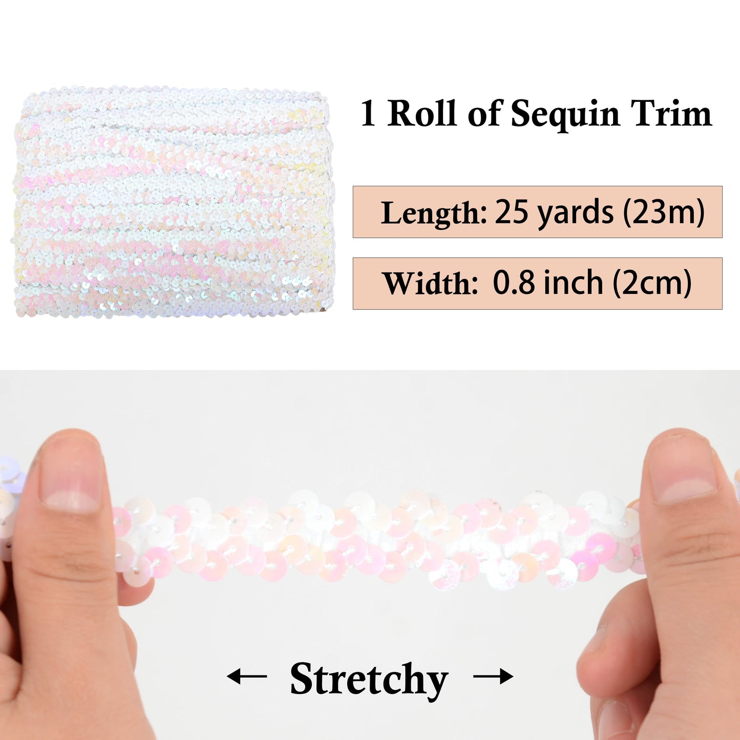 Elastic Sequin Trim, 0.8 Inch 2 Row Flat Glitter Paillette Sequin Ribbon, Metallic Sequin Strip DIY Decorations, 25 Yards