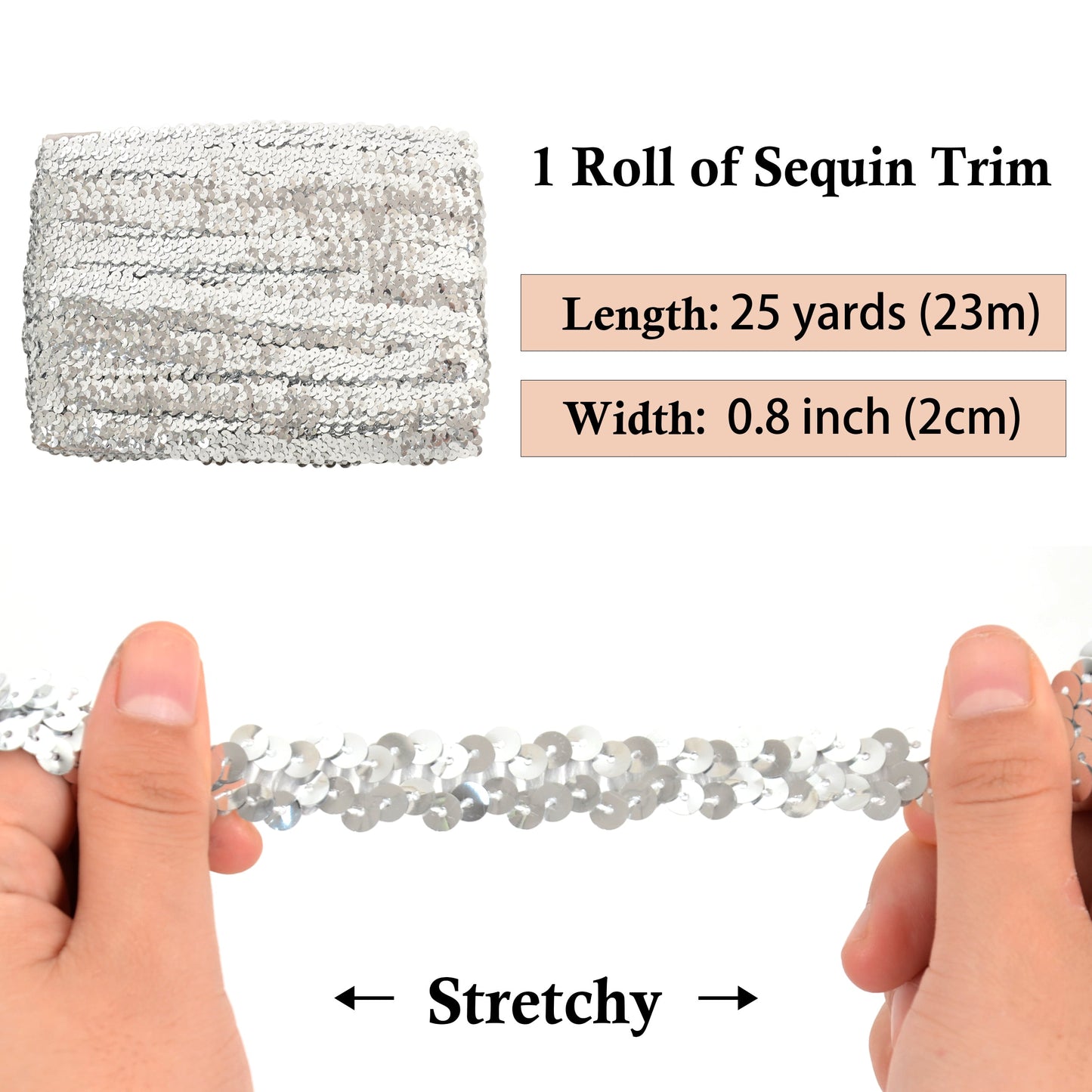 Elastic Sequin Trim, 0.8 Inch 2 Row Flat Glitter Paillette Sequin Ribbon, Metallic Sequin Strip DIY Decorations, 25 Yards