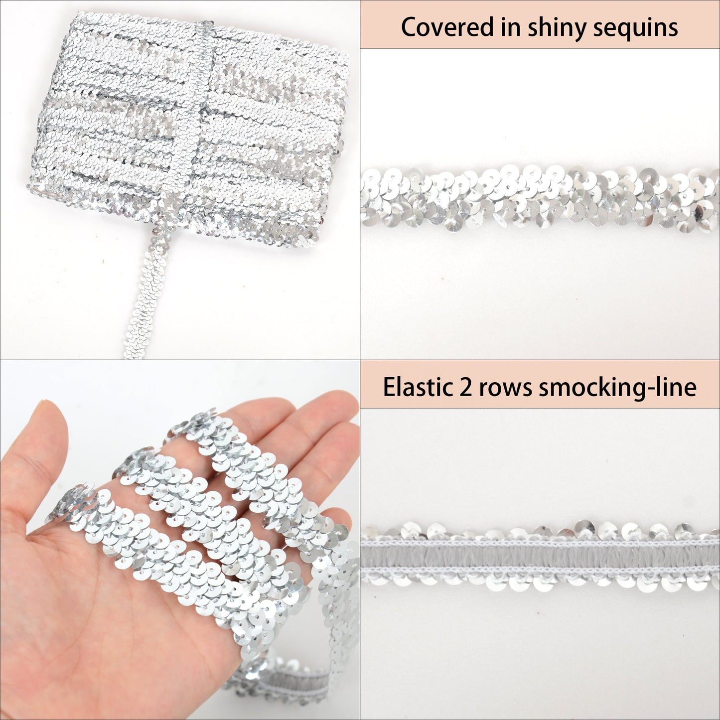 Elastic Sequin Trim, 0.8 Inch 2 Row Flat Glitter Paillette Sequin Ribbon, Metallic Sequin Strip DIY Decorations, 25 Yards