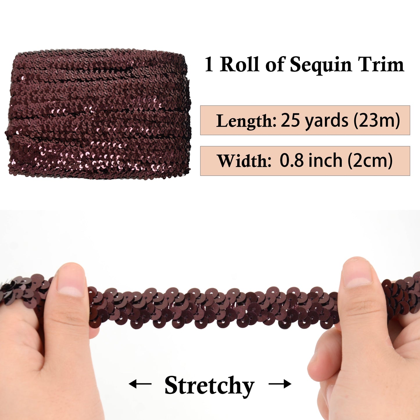 Elastic Sequin Trim, 0.8 Inch 2 Row Flat Glitter Paillette Sequin Ribbon, Metallic Sequin Strip DIY Decorations, 25 Yards