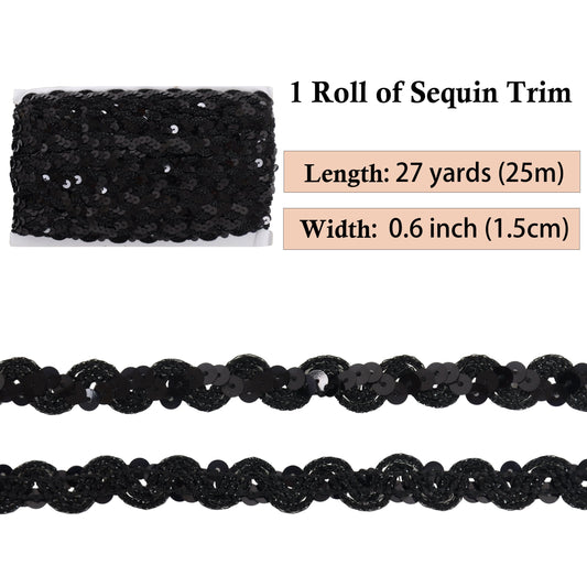 Sequin Braid Trim, 0.6 Inch Wave Sequin Strip, Glitter Metallic Paillette Sequin Ribbon, DIY Sewing Embellishment, 27 Yards