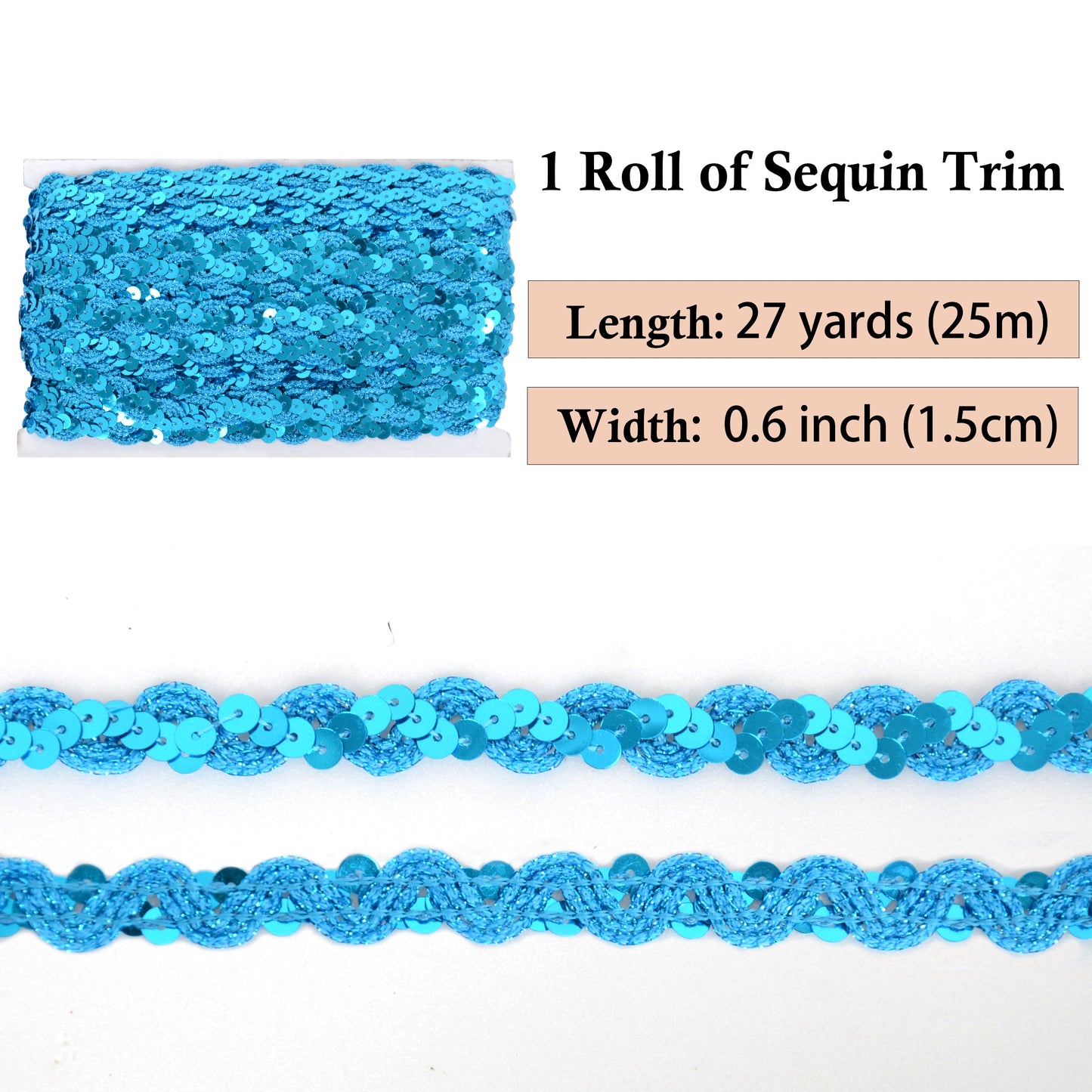 Sequin Braid Trim, 0.6 Inch Wave Sequin Strip, Glitter Metallic Paillette Sequin Ribbon, DIY Sewing Embellishment, 27 Yards