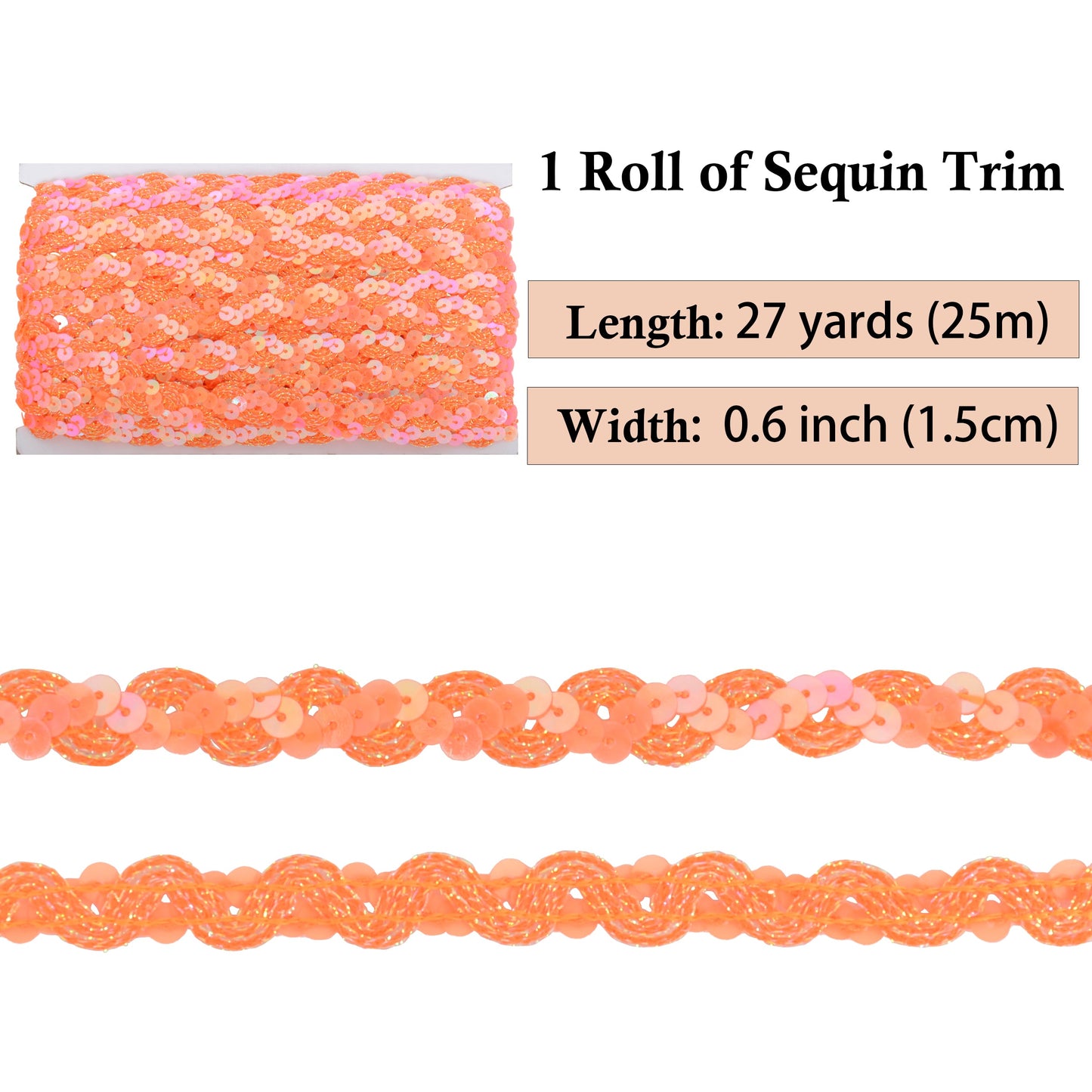 Sequin Braid Trim, 0.6 Inch Wave Sequin Strip, Glitter Metallic Paillette Sequin Ribbon, DIY Sewing Embellishment, 27 Yards