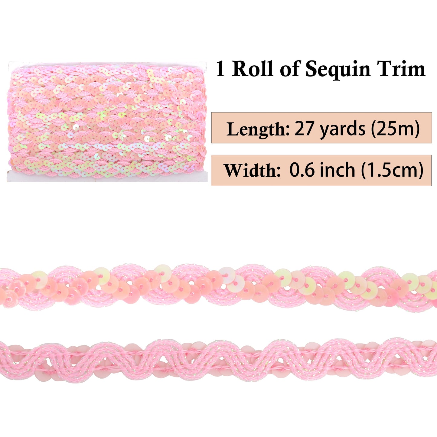 Sequin Braid Trim, 0.6 Inch Wave Sequin Strip, Glitter Metallic Paillette Sequin Ribbon, DIY Sewing Embellishment, 27 Yards