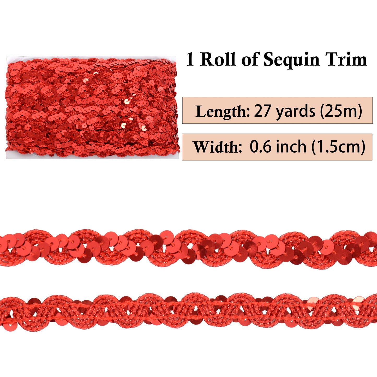 Sequin Braid Trim, 0.6 Inch Wave Sequin Strip, Glitter Metallic Paillette Sequin Ribbon, DIY Sewing Embellishment, 27 Yards