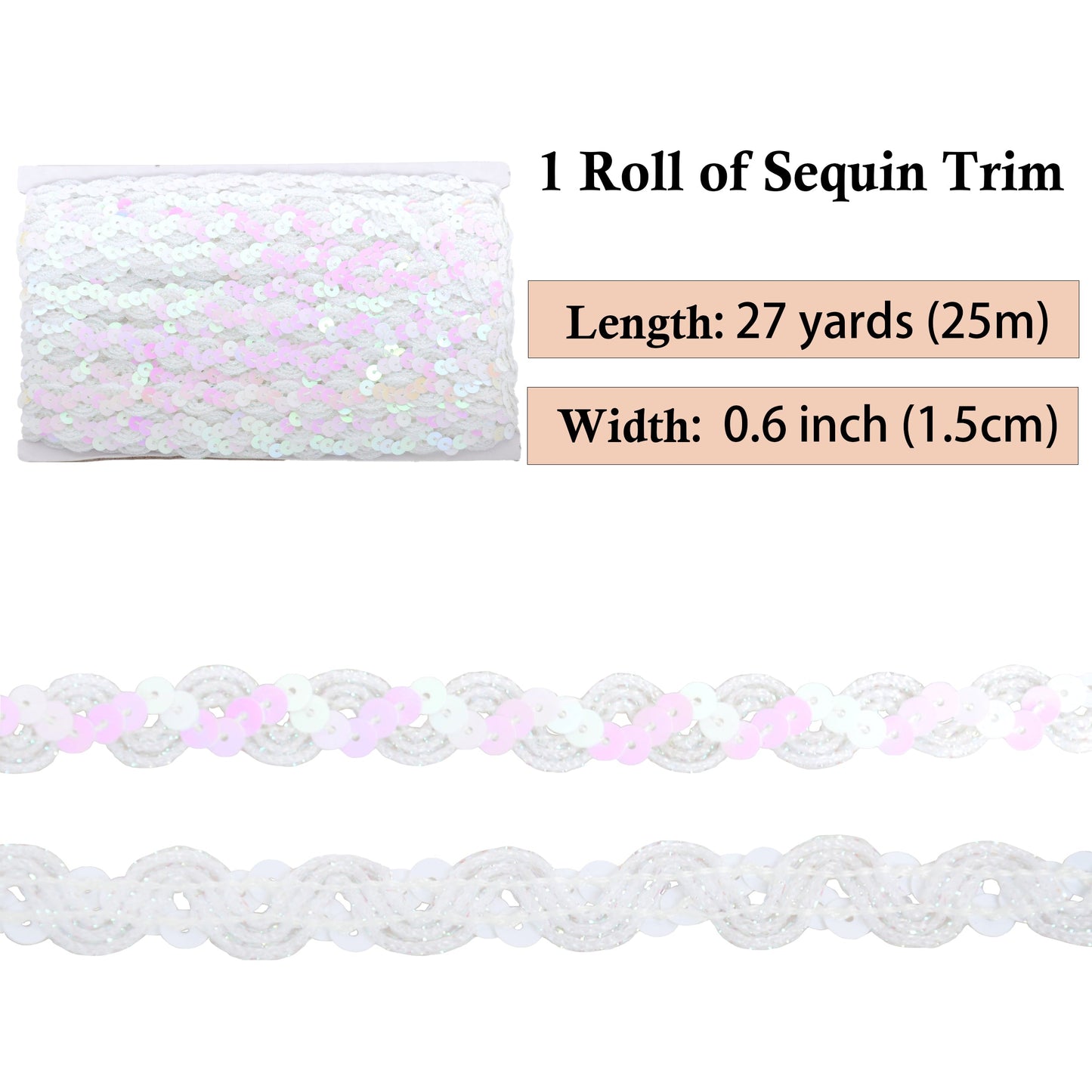 Sequin Braid Trim, 0.6 Inch Wave Sequin Strip, Glitter Metallic Paillette Sequin Ribbon, DIY Sewing Embellishment, 27 Yards