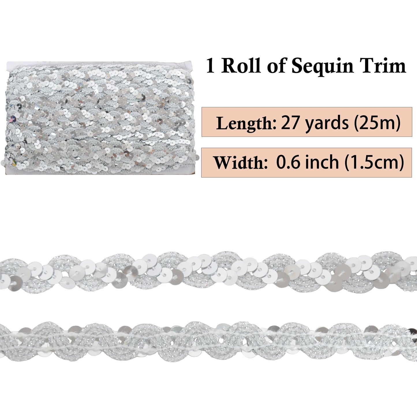 Sequin Braid Trim, 0.6 Inch Wave Sequin Strip, Glitter Metallic Paillette Sequin Ribbon, DIY Sewing Embellishment, 27 Yards