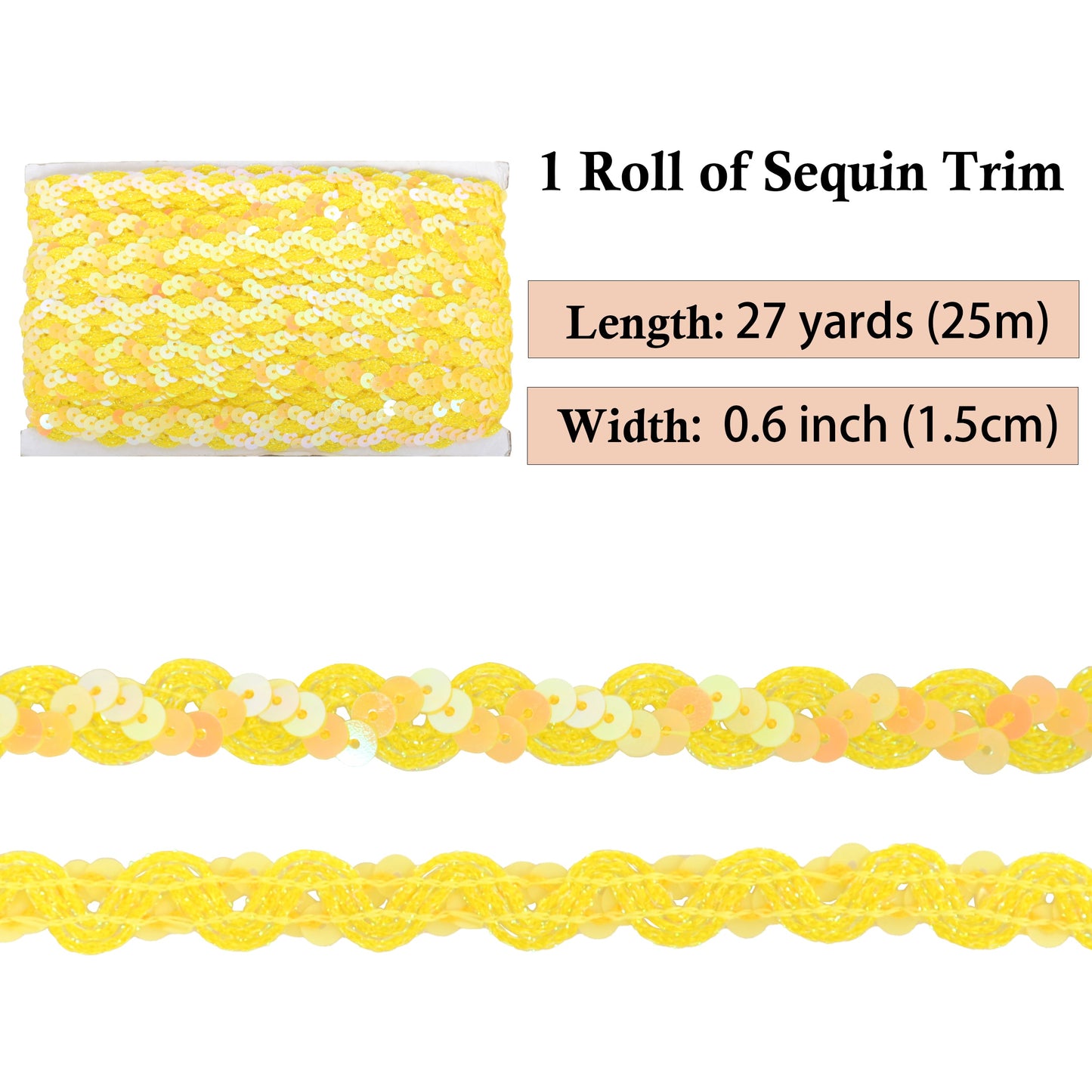 Sequin Braid Trim, 0.6 Inch Wave Sequin Strip, Glitter Metallic Paillette Sequin Ribbon, DIY Sewing Embellishment, 27 Yards