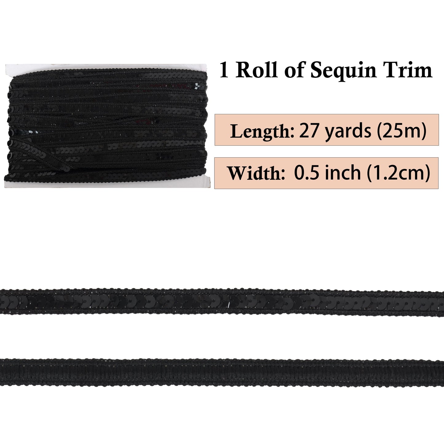 Sequin Trim, 0.5 Inch Flat Glitter Sequin Ribbon, Sparkle Metallic Sequin Strip, Bling Fabric DIY Sewing Embellishment, 27 Yards