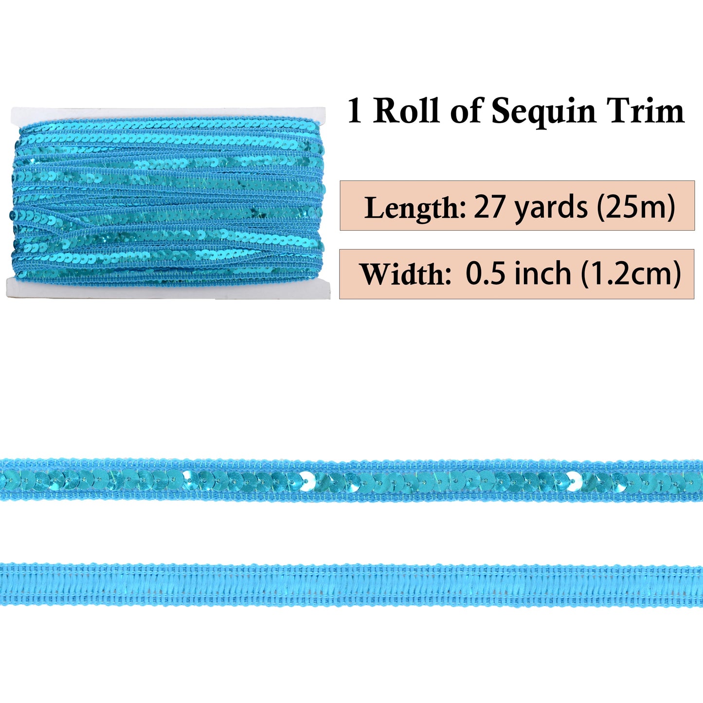 Sequin Trim, 0.5 Inch Flat Glitter Sequin Ribbon, Sparkle Metallic Sequin Strip, Bling Fabric DIY Sewing Embellishment, 27 Yards