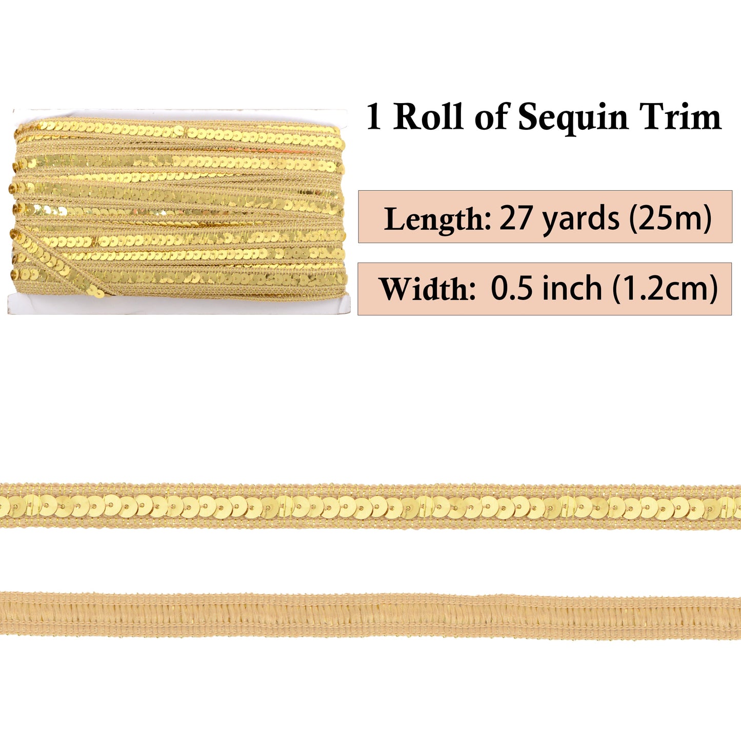 Sequin Trim, 0.5 Inch Flat Glitter Sequin Ribbon, Sparkle Metallic Sequin Strip, Bling Fabric DIY Sewing Embellishment, 27 Yards