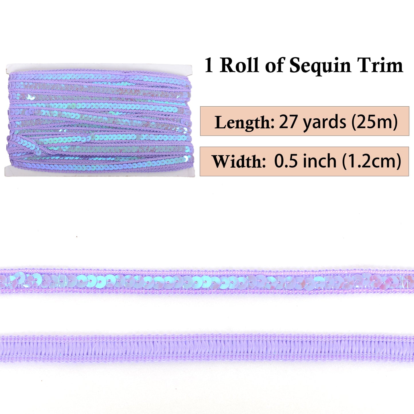 Sequin Trim, 0.5 Inch Flat Glitter Sequin Ribbon, Sparkle Metallic Sequin Strip, Bling Fabric DIY Sewing Embellishment, 27 Yards