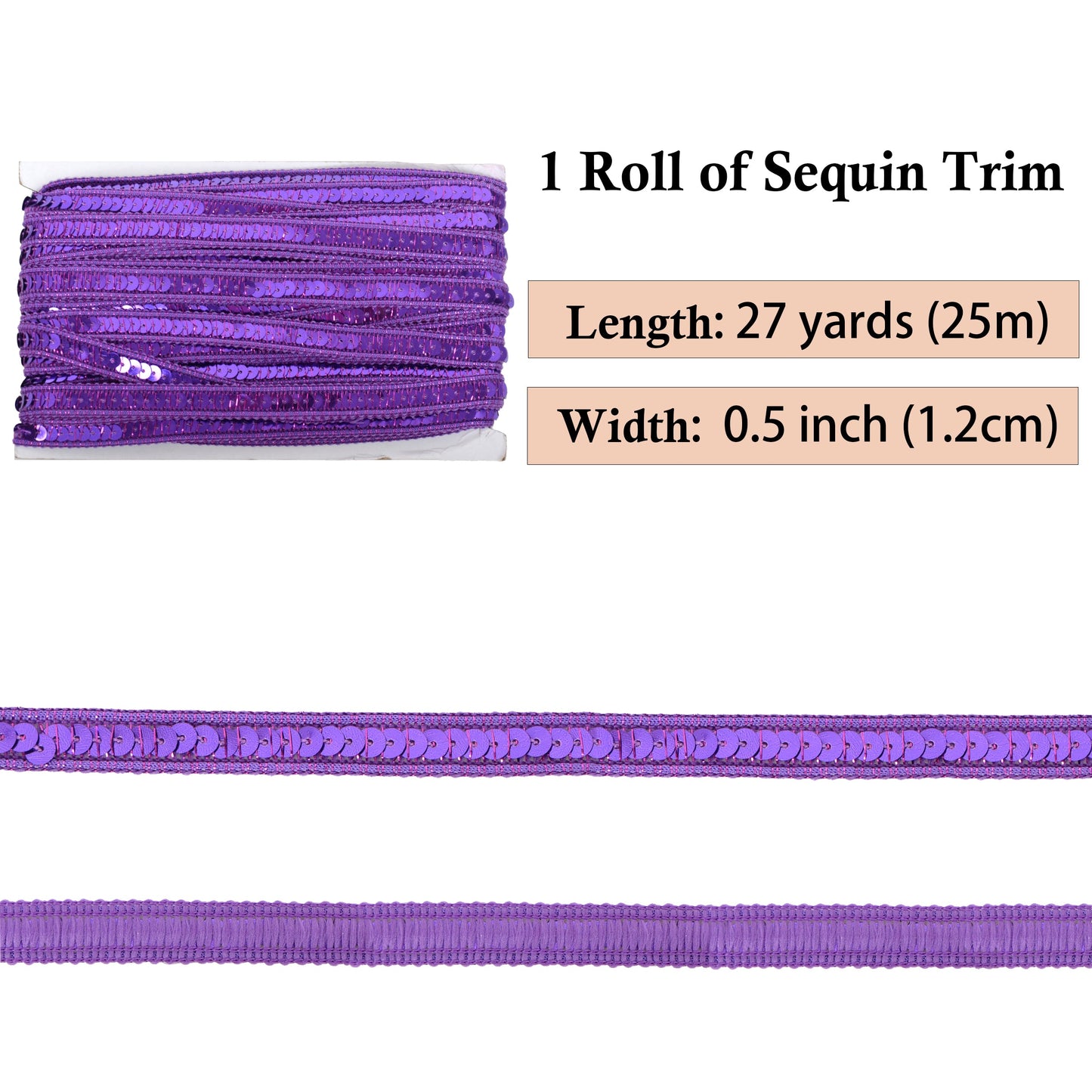 Sequin Trim, 0.5 Inch Flat Glitter Sequin Ribbon, Sparkle Metallic Sequin Strip, Bling Fabric DIY Sewing Embellishment, 27 Yards