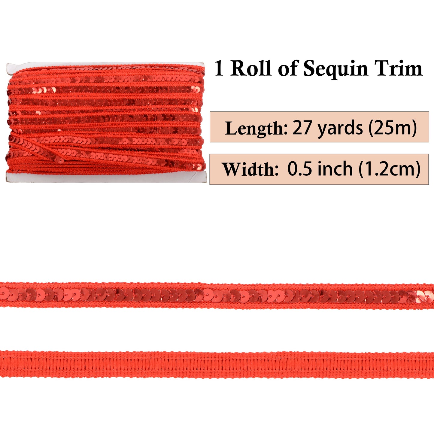 Sequin Trim, 0.5 Inch Flat Glitter Sequin Ribbon, Sparkle Metallic Sequin Strip, Bling Fabric DIY Sewing Embellishment, 27 Yards