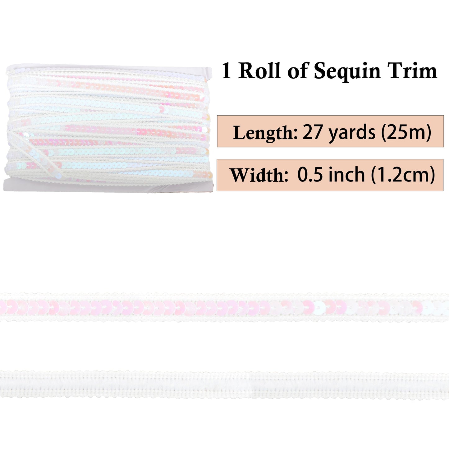 Sequin Trim, 0.5 Inch Flat Glitter Sequin Ribbon, Sparkle Metallic Sequin Strip, Bling Fabric DIY Sewing Embellishment, 27 Yards