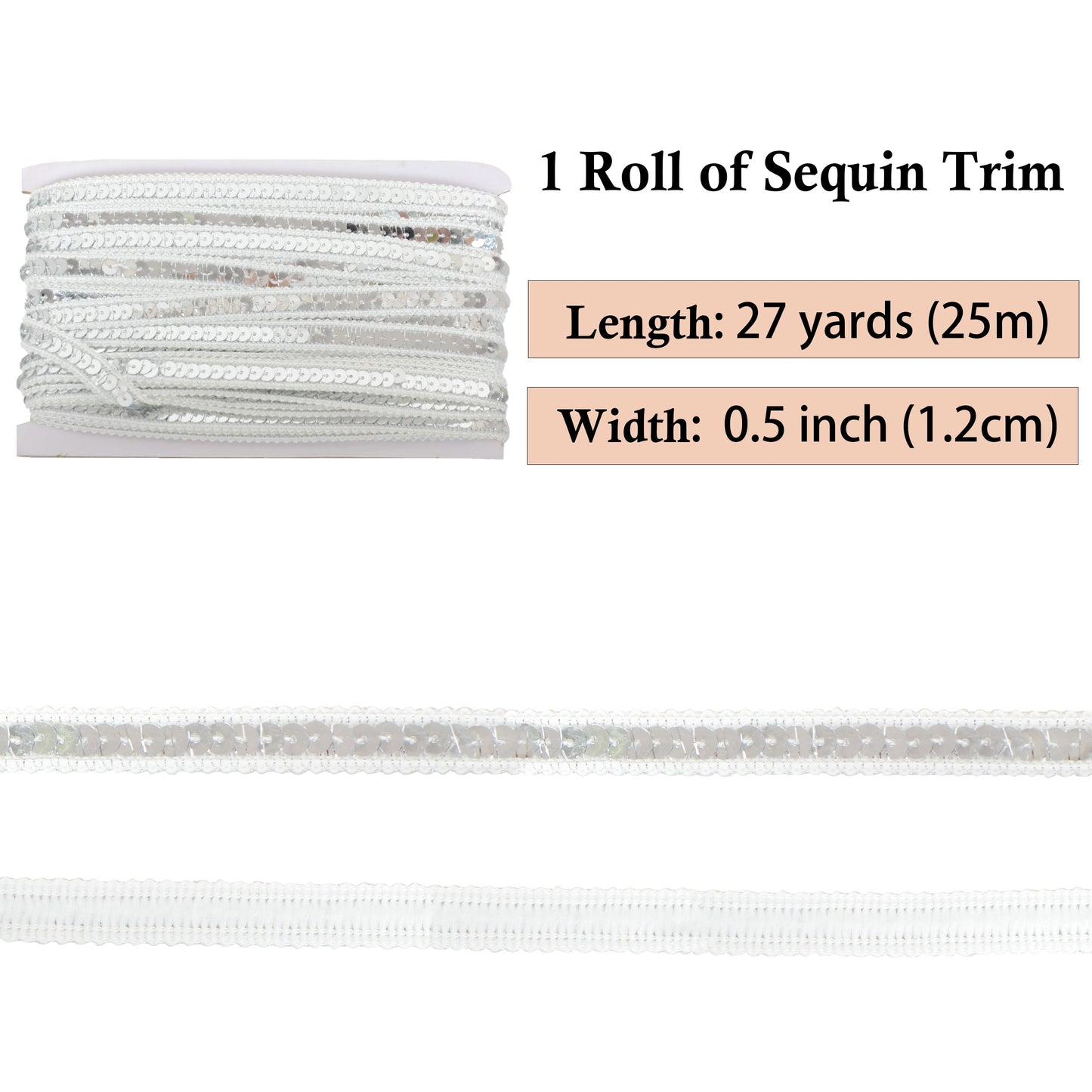 Sequin Trim, 0.5 Inch Flat Glitter Sequin Ribbon, Sparkle Metallic Sequin Strip, Bling Fabric DIY Sewing Embellishment, 27 Yards