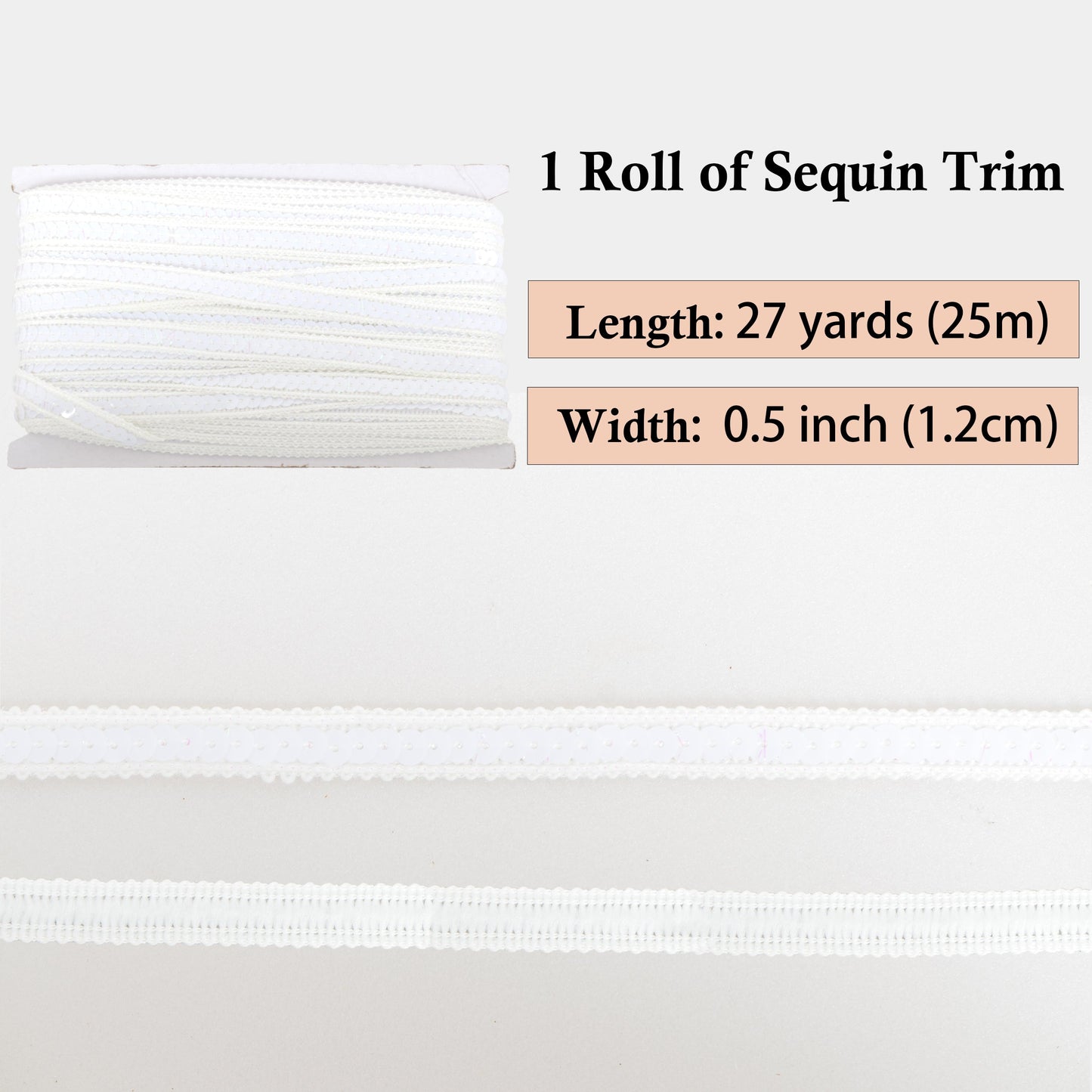 Sequin Trim, 0.5 Inch Flat Glitter Sequin Ribbon, Sparkle Metallic Sequin Strip, Bling Fabric DIY Sewing Embellishment, 27 Yards