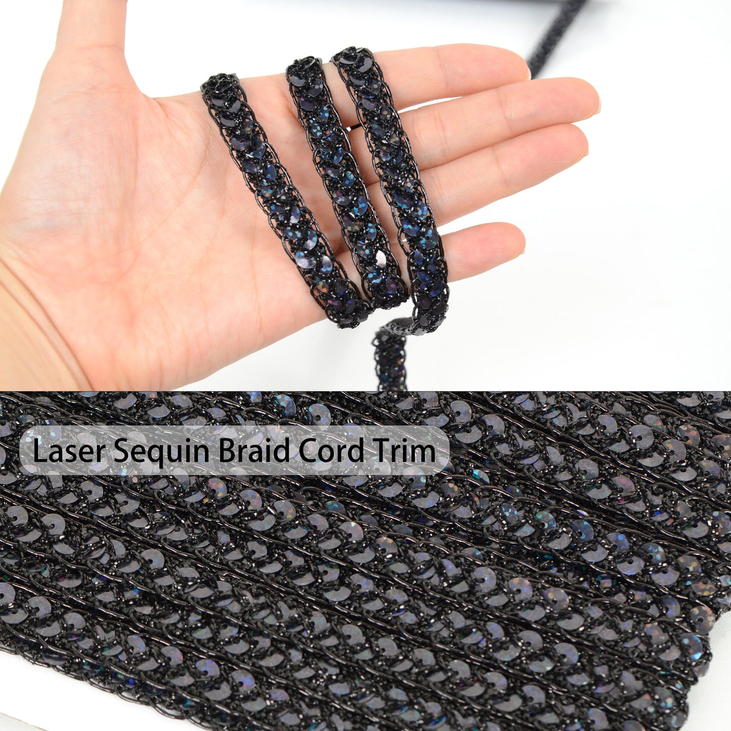 Sequin Braid Cord Trim, 0.4 Inch Glitter Laser Sequin Strip, Sewing Sequin Ribbon for DIY Crafts Party Decorations, 13 Yards