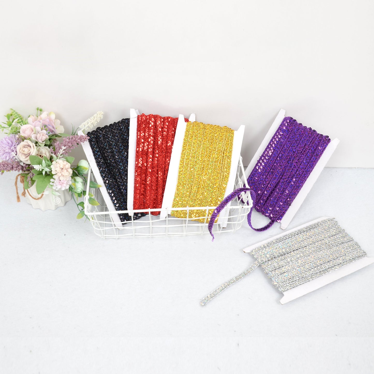 Sequin Braid Cord Trim, 0.4 Inch Glitter Laser Sequin Strip, Sewing Sequin Ribbon for DIY Crafts Party Decorations, 13 Yards