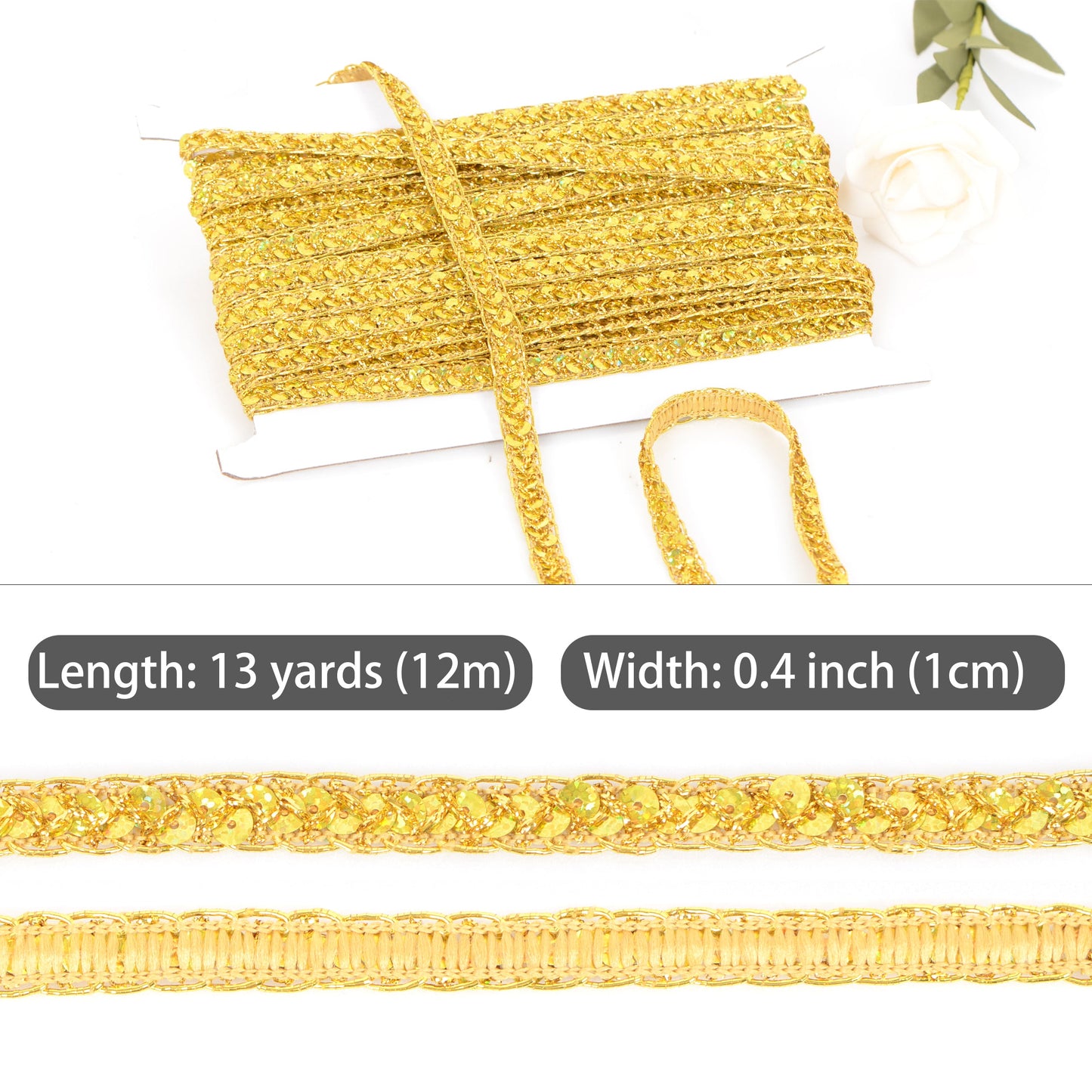 Sequin Braid Cord Trim, 0.4 Inch Glitter Laser Sequin Strip, Sewing Sequin Ribbon for DIY Crafts Party Decorations, 13 Yards