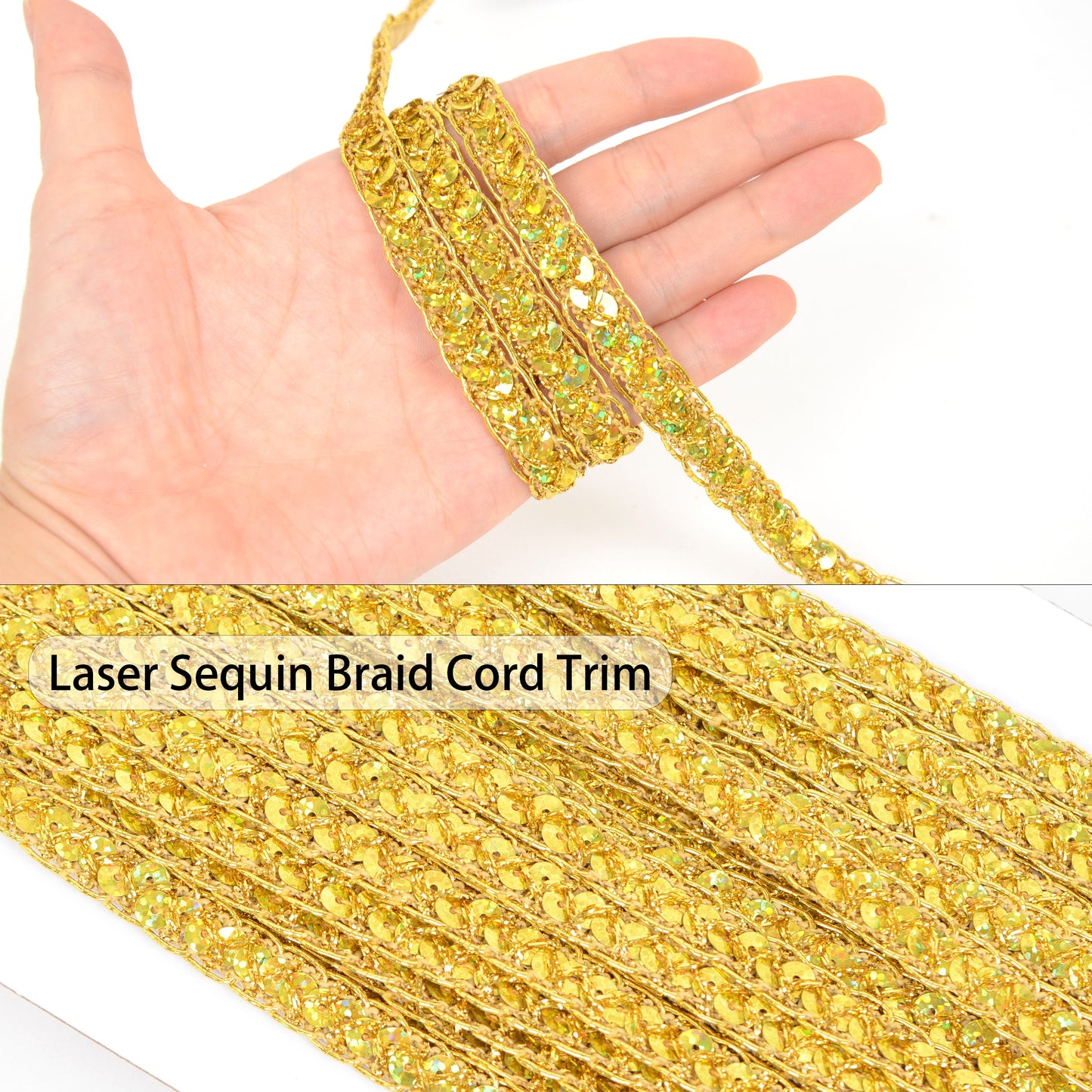 Sequin Braid Cord Trim, 0.4 Inch Glitter Laser Sequin Strip, Sewing Sequin Ribbon for DIY Crafts Party Decorations, 13 Yards