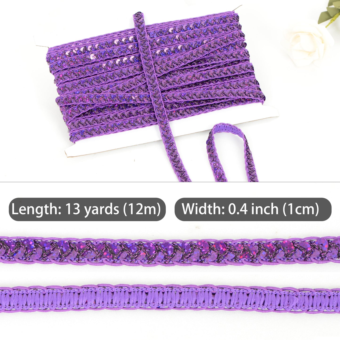 Sequin Braid Cord Trim, 0.4 Inch Glitter Laser Sequin Strip, Sewing Sequin Ribbon for DIY Crafts Party Decorations, 13 Yards