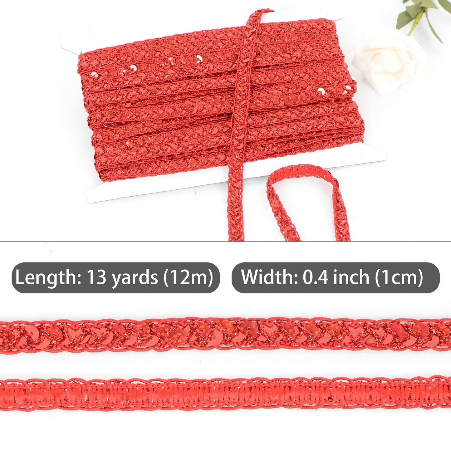 Sequin Braid Cord Trim, 0.4 Inch Glitter Laser Sequin Strip, Sewing Sequin Ribbon for DIY Crafts Party Decorations, 13 Yards